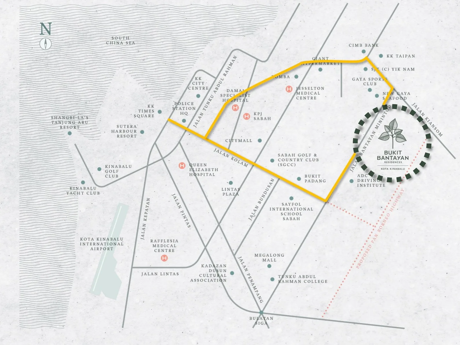 Developer location map: Jalan Bantayan Minintod, Jalan Kolam, the hospitals and the city centre at Bukit Bantayan Residences, Inanam, Kota Kinabalu, Sabah