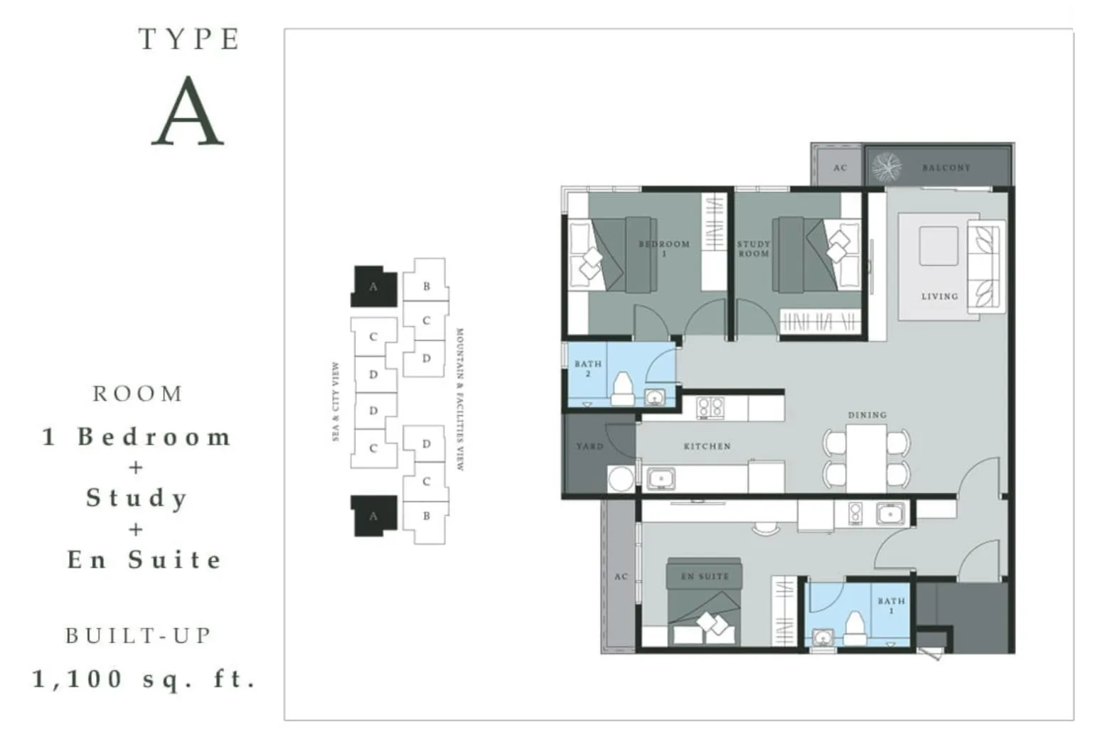 Type A dual-key floor plan 1,100 sq ft, 1 bedroom + study + en suite at Bukit Bantayan Residences, Inanam, Kota Kinabalu, Sabah