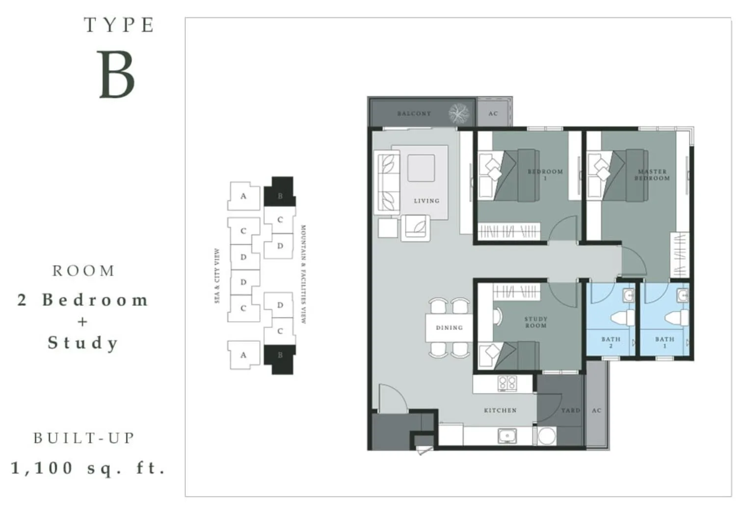 Type B floor plan 1,100 sq ft, 2 bedrooms + study at Bukit Bantayan Residences, Inanam, Kota Kinabalu, Sabah