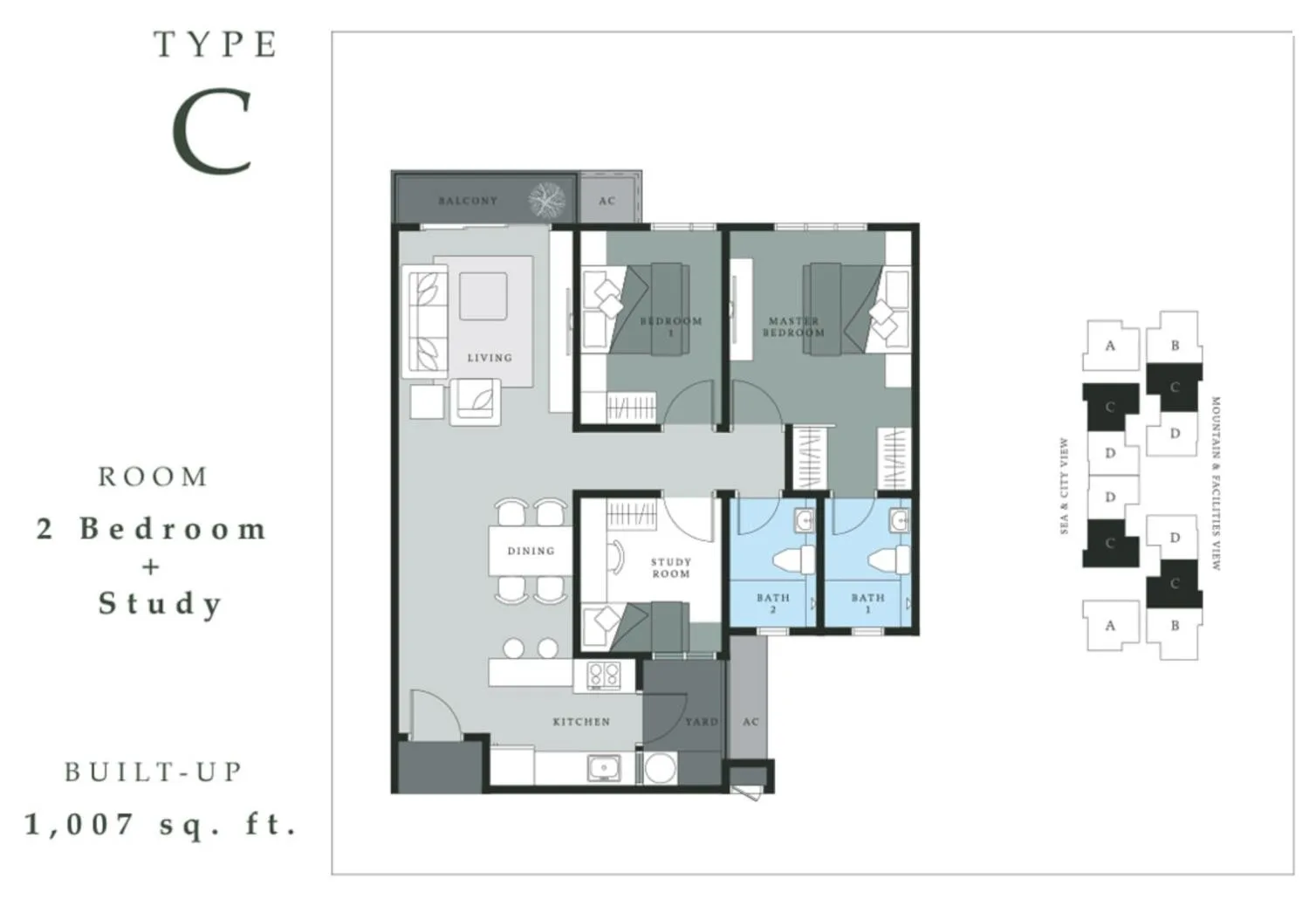 Type C floor plan 1,007 sq ft, 2 bedrooms + study at Bukit Bantayan Residences, Inanam, Kota Kinabalu, Sabah