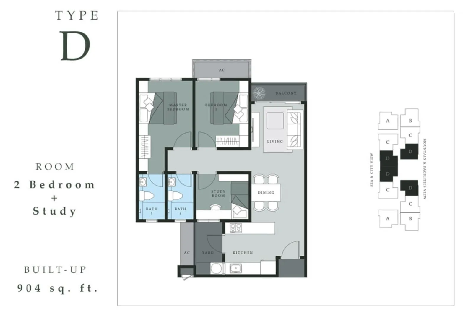Type D floor plan 904 sq ft, 2 bedrooms + study at Bukit Bantayan Residences, Inanam, Kota Kinabalu, Sabah