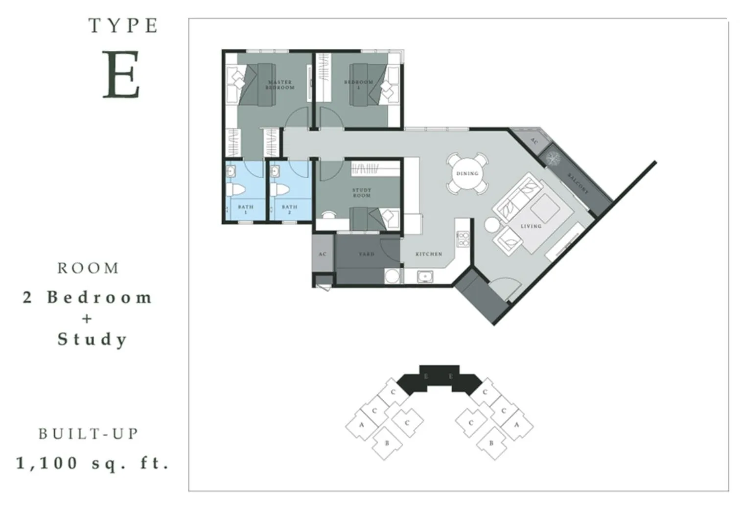 Type E floor plan 1,100 sq ft, 2 bedrooms + study, Dilenia Tower at Bukit Bantayan Residences, Inanam, Kota Kinabalu, Sabah