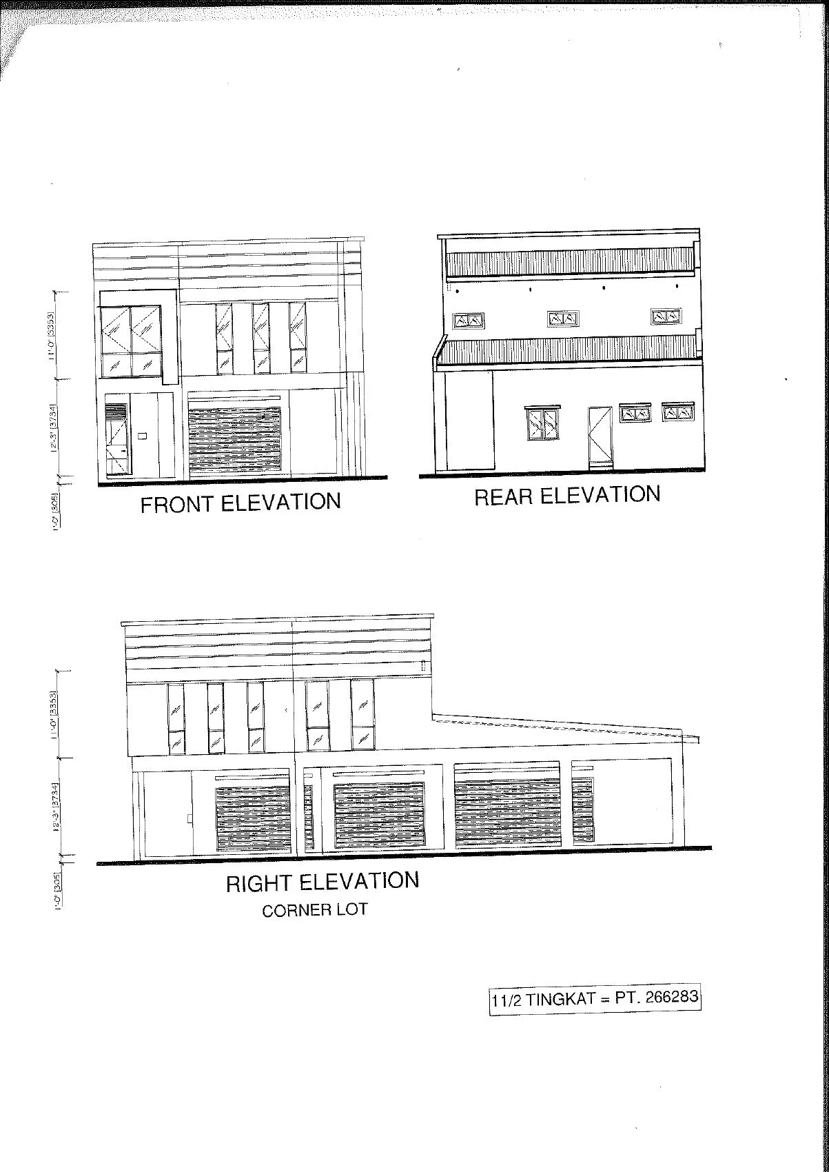 Front, rear and side elevations of the 1&frac12;-storey corner shop office at Chemor Setia, Chemor, Ipoh, Perak