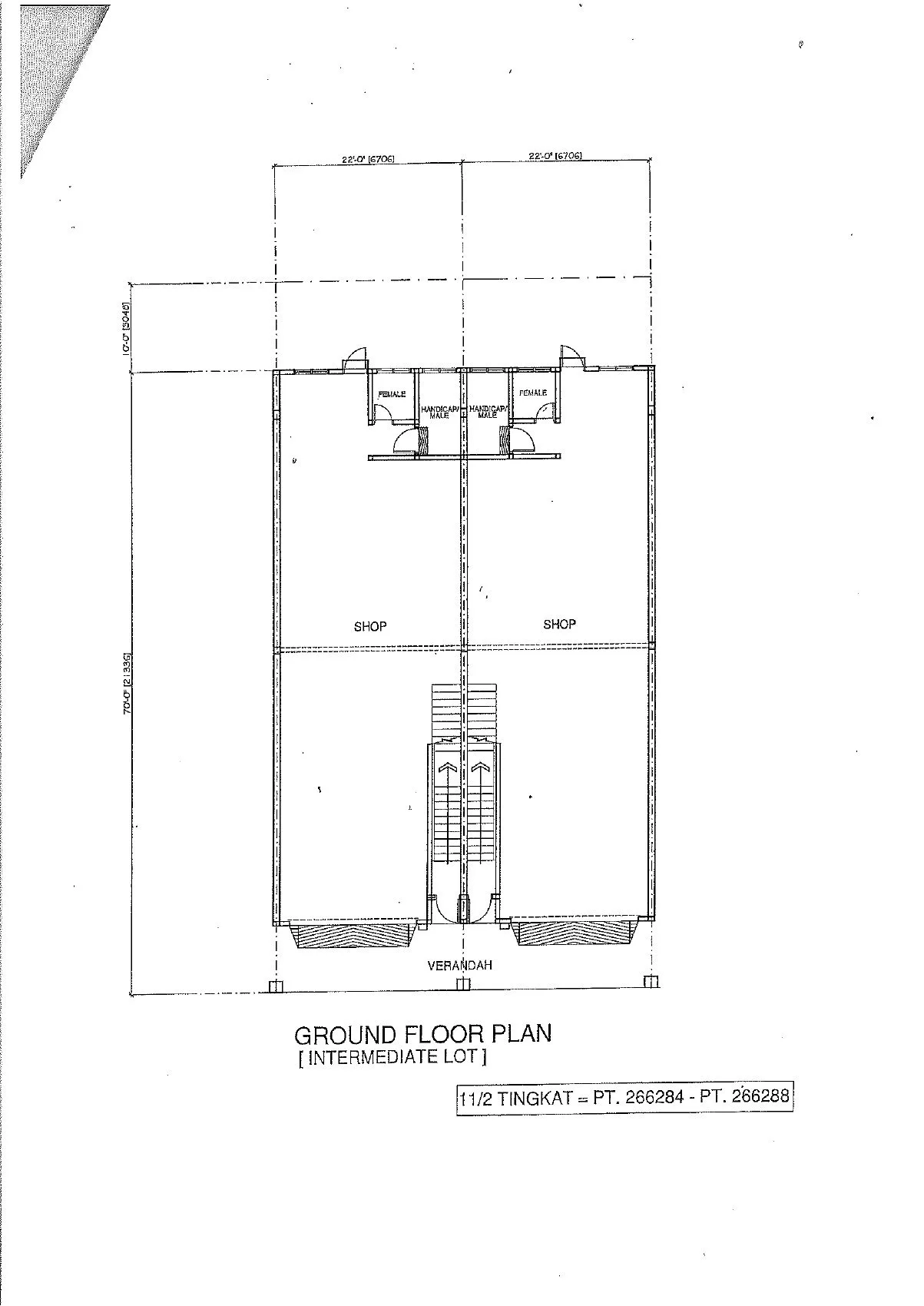 Ground floor plan of the intermediate 1&frac12;-storey shop office, 22 ft wide, at Chemor Setia, Chemor, Ipoh, Perak