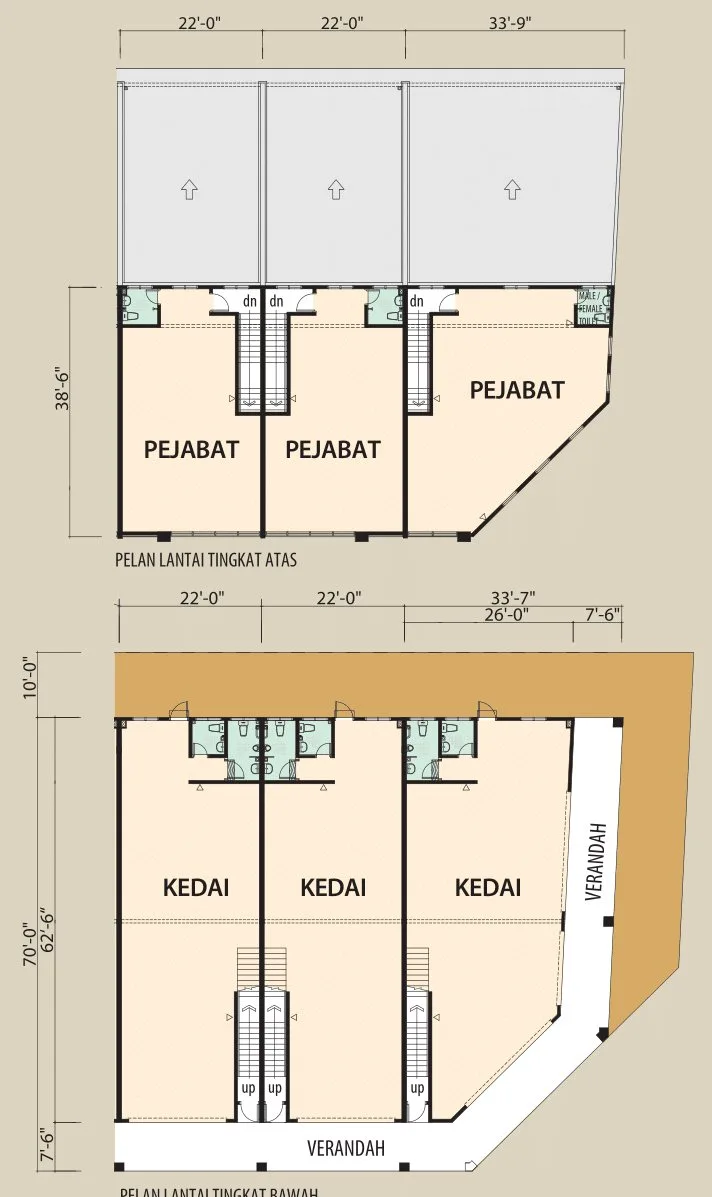 Upper and ground floor plans of the 1&frac12;-storey shop office row including the splayed corner unit at Chemor Setia, Chemor, Ipoh