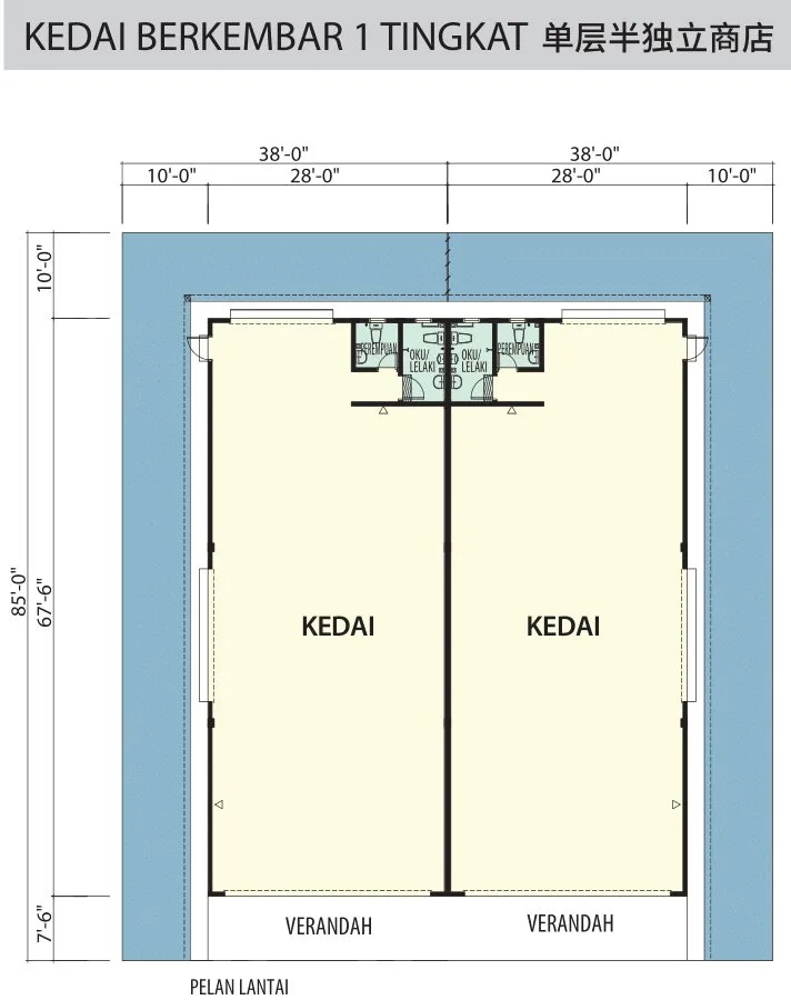 Floor plan of a pair of single-storey semi-detached shops (28 ft x 75 ft building on 38 ft x 85 ft land) at Chemor Setia, Chemor, Ipoh