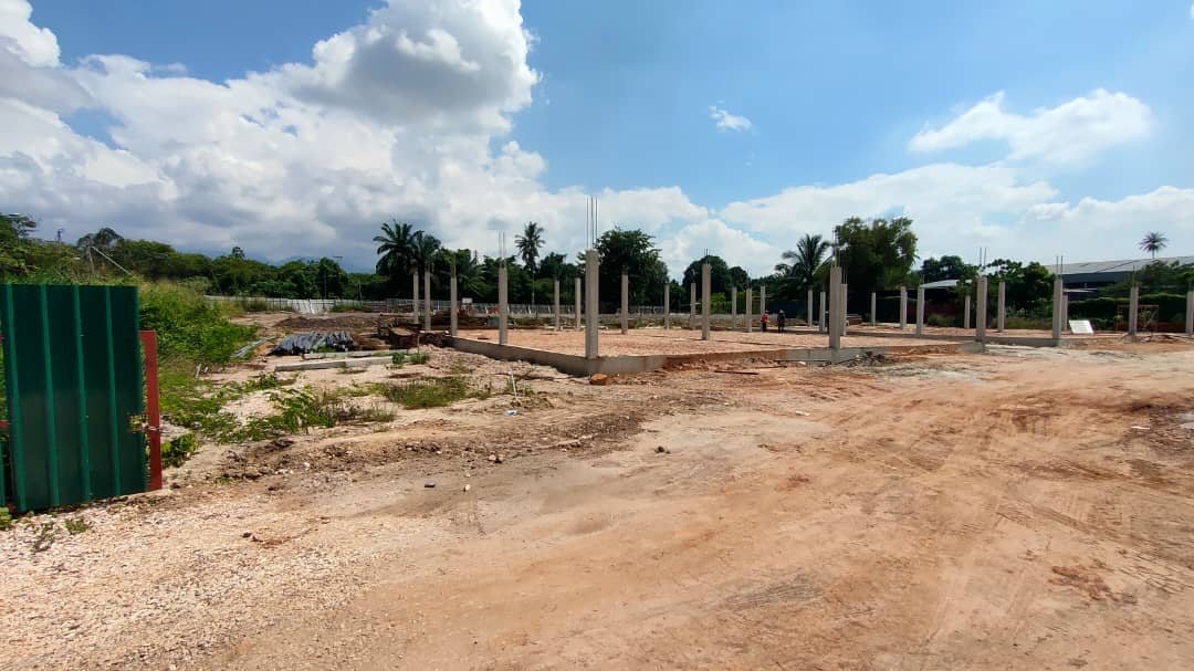 Column stumps rising on the Chemor Setia shop lot site in Chemor, Ipoh, with the Keledang range behind