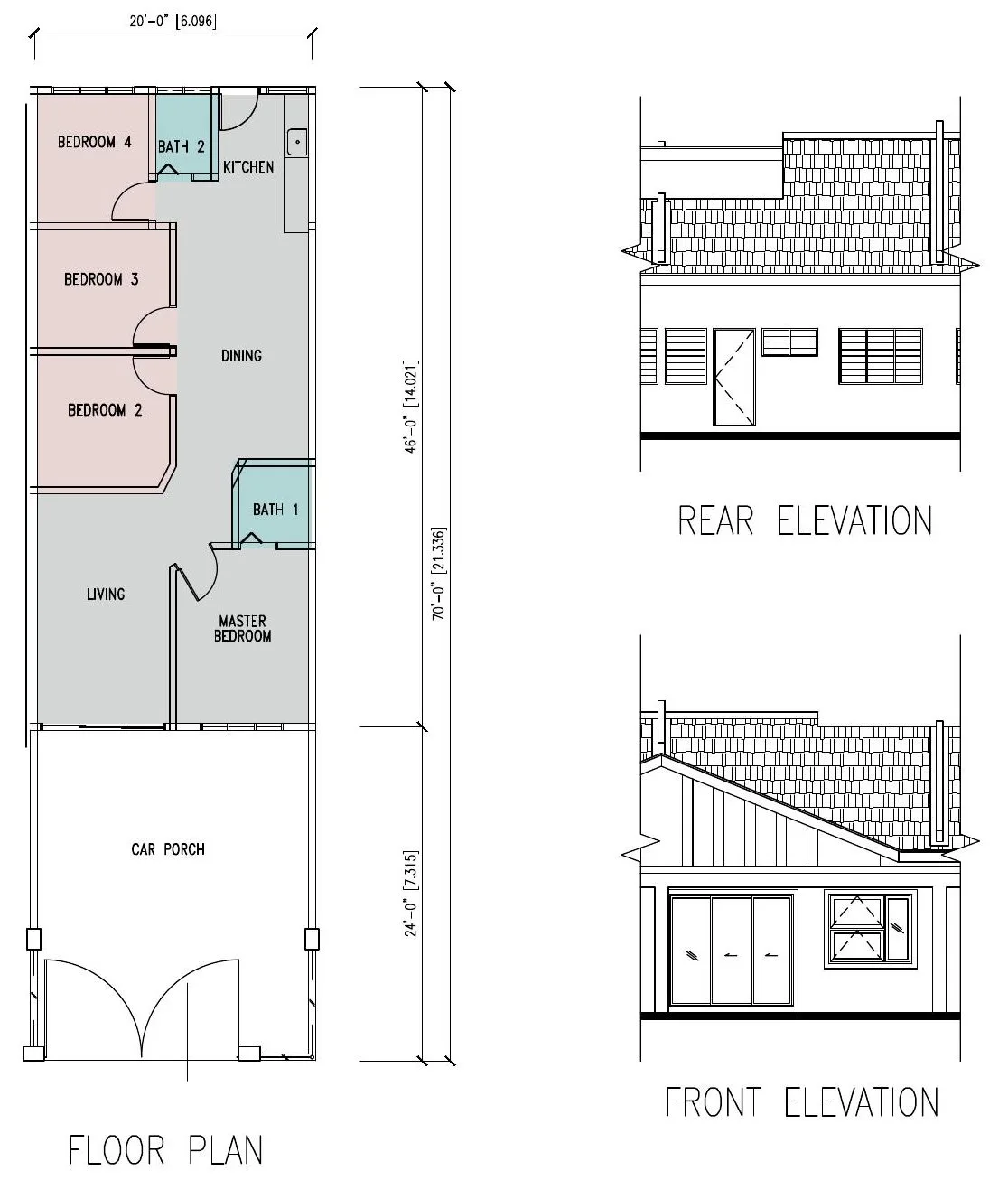 Floor plan and elevations of the Blu Bayu single-storey terrace house, 20 x 70 ft lot, Sierra Beringin, Gopeng, Perak