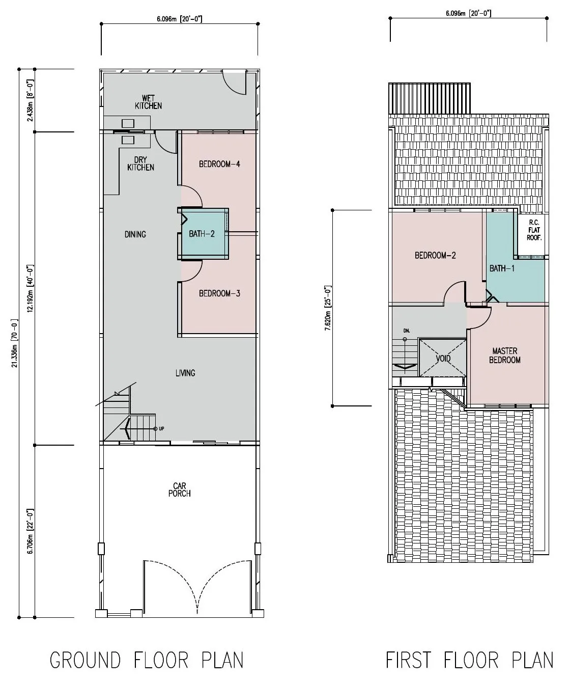 Ground and first floor plans of the Breezzy double-storey terrace house, 20 x 70 ft lot, Sierra Beringin, Gopeng, Perak