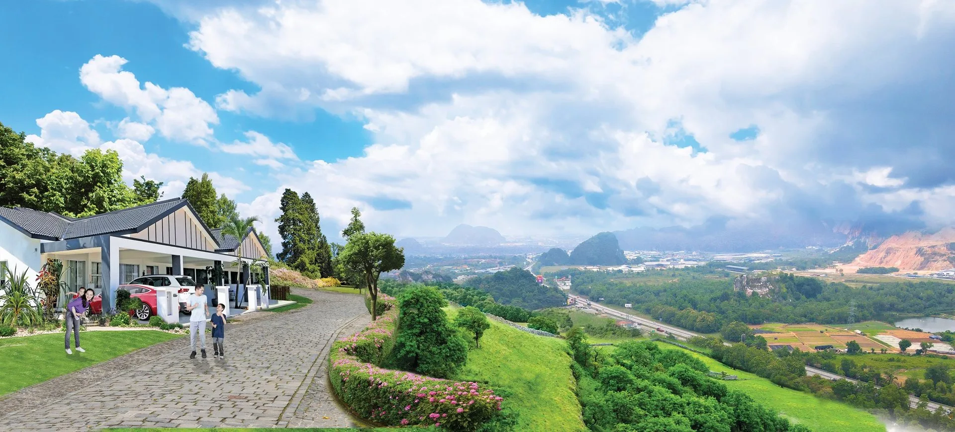 Developer's image of a Sierra Beringin house on the hillside with the North-South Expressway and limestone hills behind, Gopeng, Perak