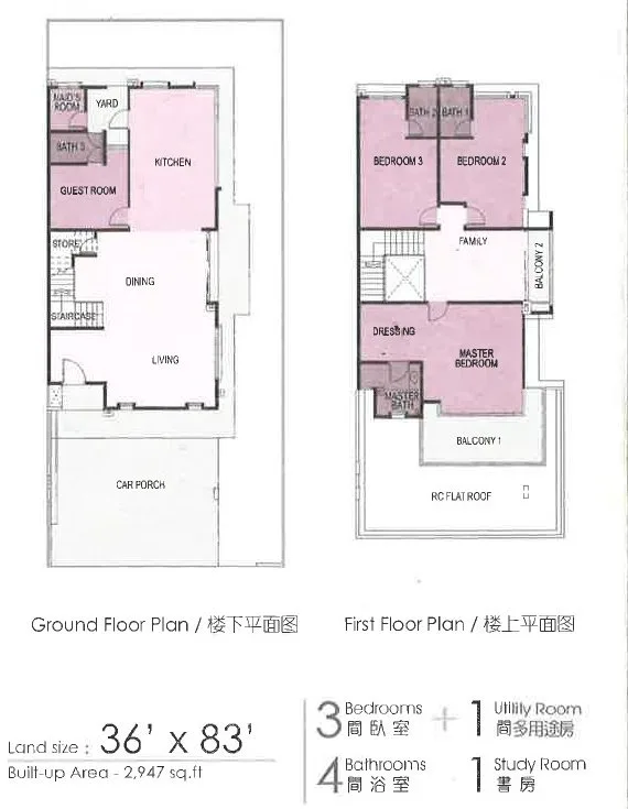 Kensington 2-storey semi-D ground and first floor plans, Clearwater Bay Resort, Waterfront City, Bandar Lahat Mines, Lahat, Ipoh, Perak