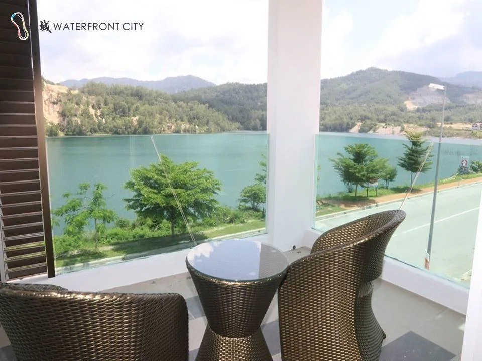 Balcony with lake and hill view in a completed house at Clearwater Bay Resort, Waterfront City, Bandar Lahat Mines, Lahat, Ipoh, Perak