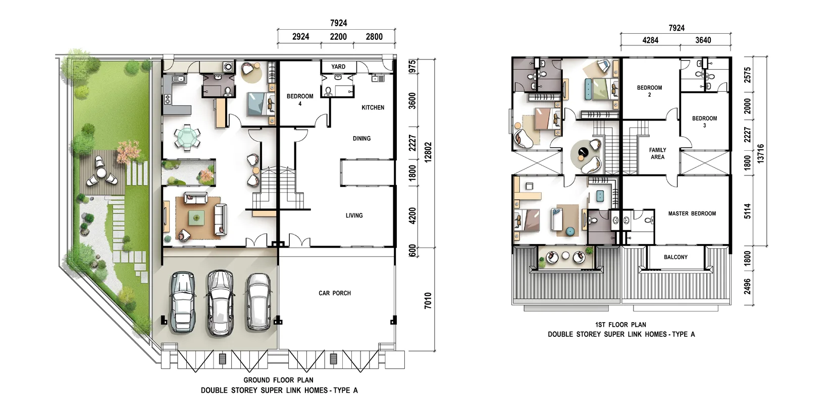 d'Courtyards Type A double-storey super link floor plan published by the developer, Machang Bubok, Bukit Mertajam, Penang