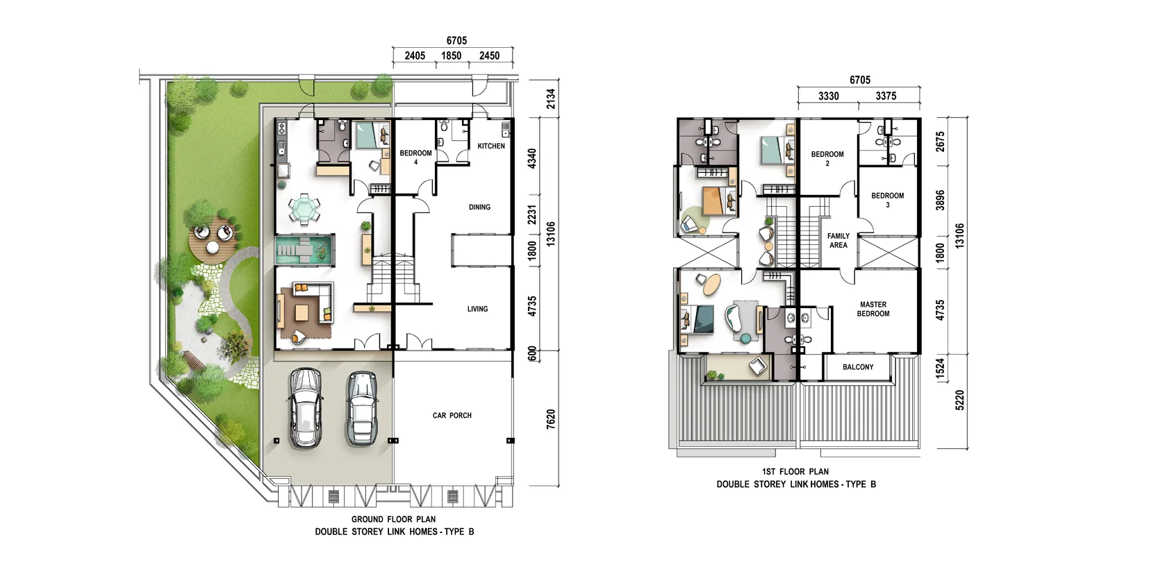 d'Courtyards Type B double-storey link home floor plan published by the developer, Machang Bubok, Bukit Mertajam, Penang