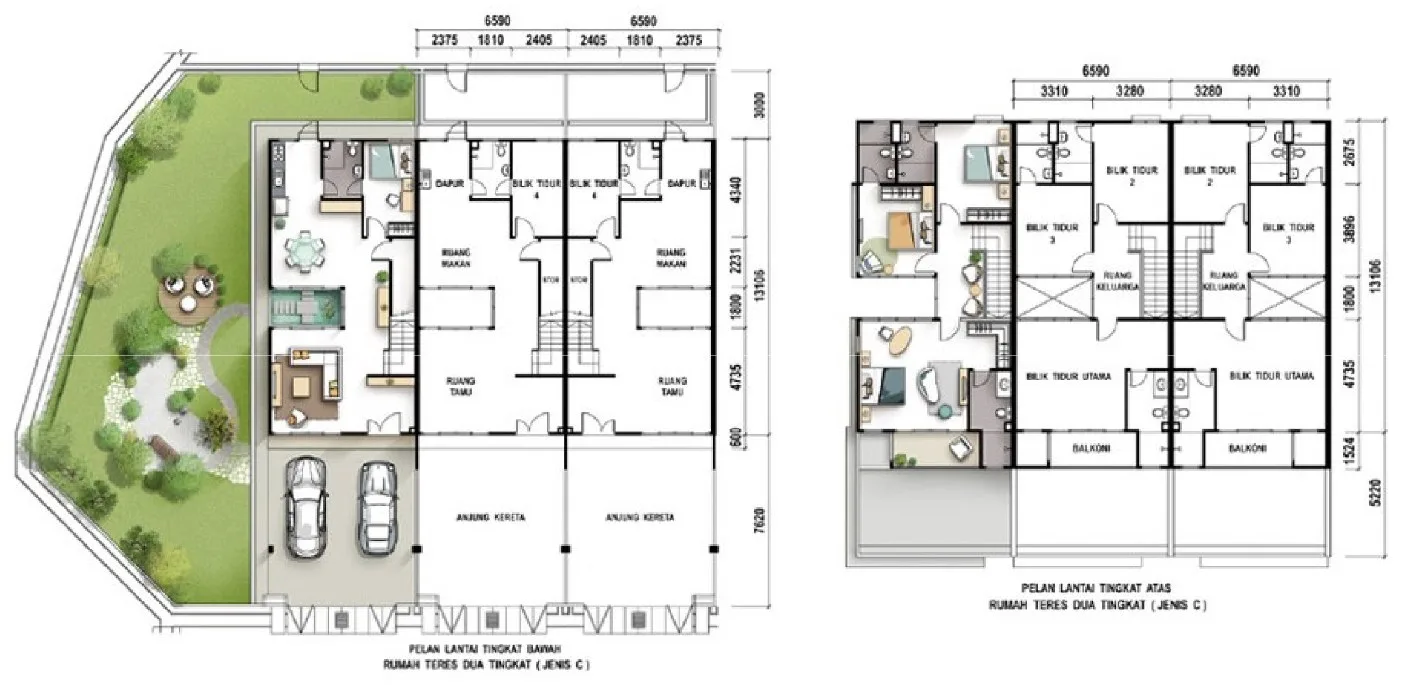 d'Courtyards Type C double-storey link home ground-floor and first-floor plans from the developer's Phase 2 leaflet filed with the government register, Machang Bubok, Bukit Mertajam, Penang