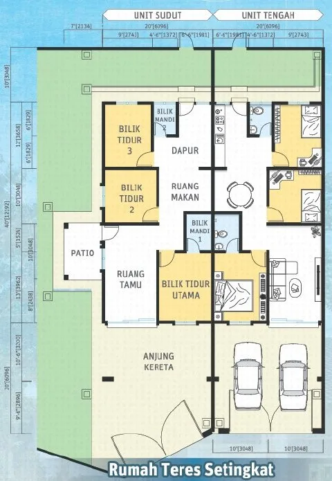Floor plan of the 20 ft x 70 ft single-storey terrace house, corner and intermediate, at Desa Chemor Impian Phase 2, Chemor, Ipoh