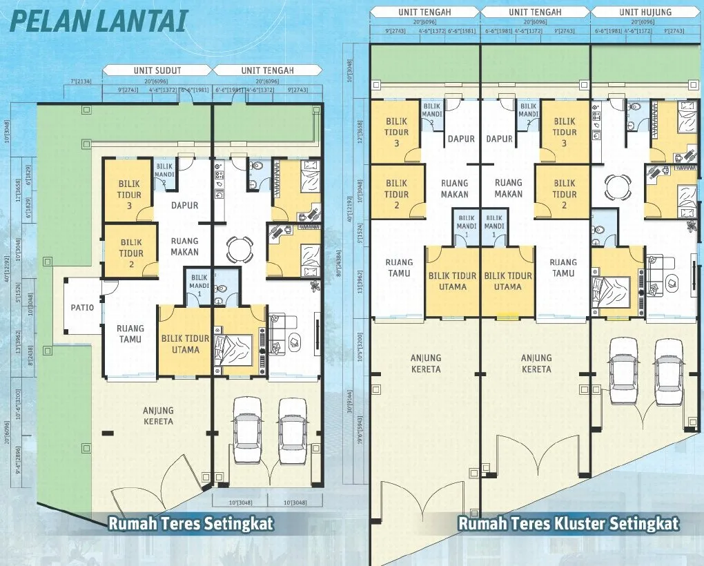 Floor plans of the single-storey terrace and single-storey cluster terrace at Desa Chemor Impian Phase 2, Chemor, Ipoh, Perak