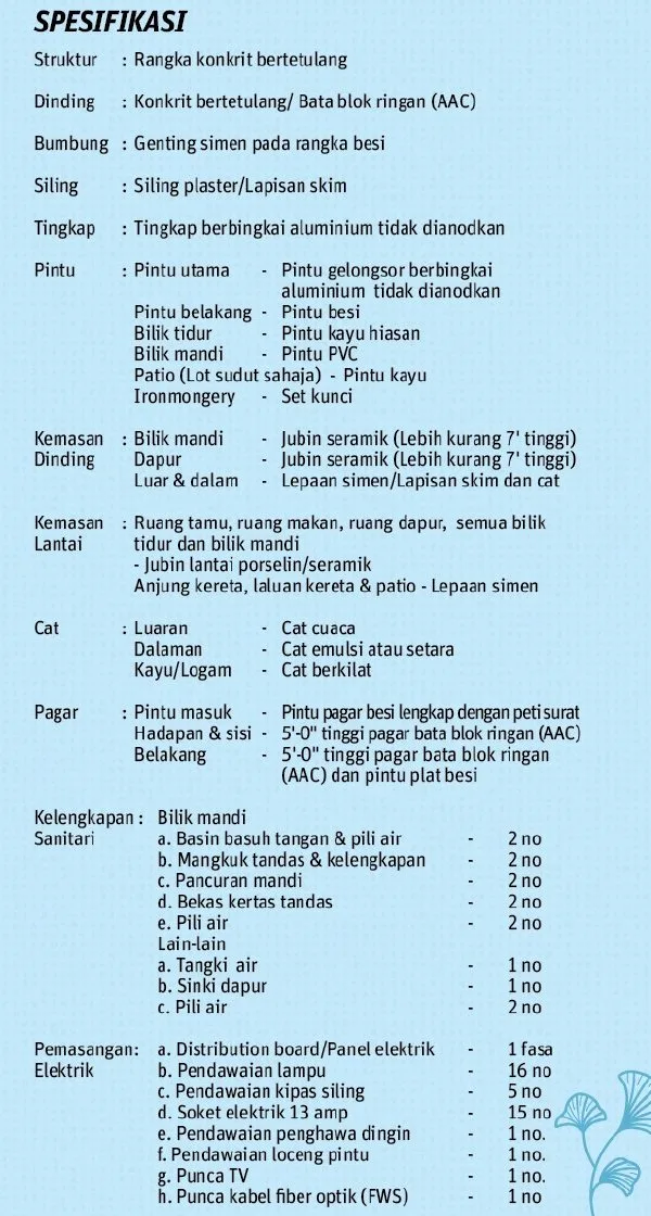 Building specification of Desa Chemor Impian Phase 2 single-storey houses by Cita Hidup Sdn Bhd, Chemor, Ipoh