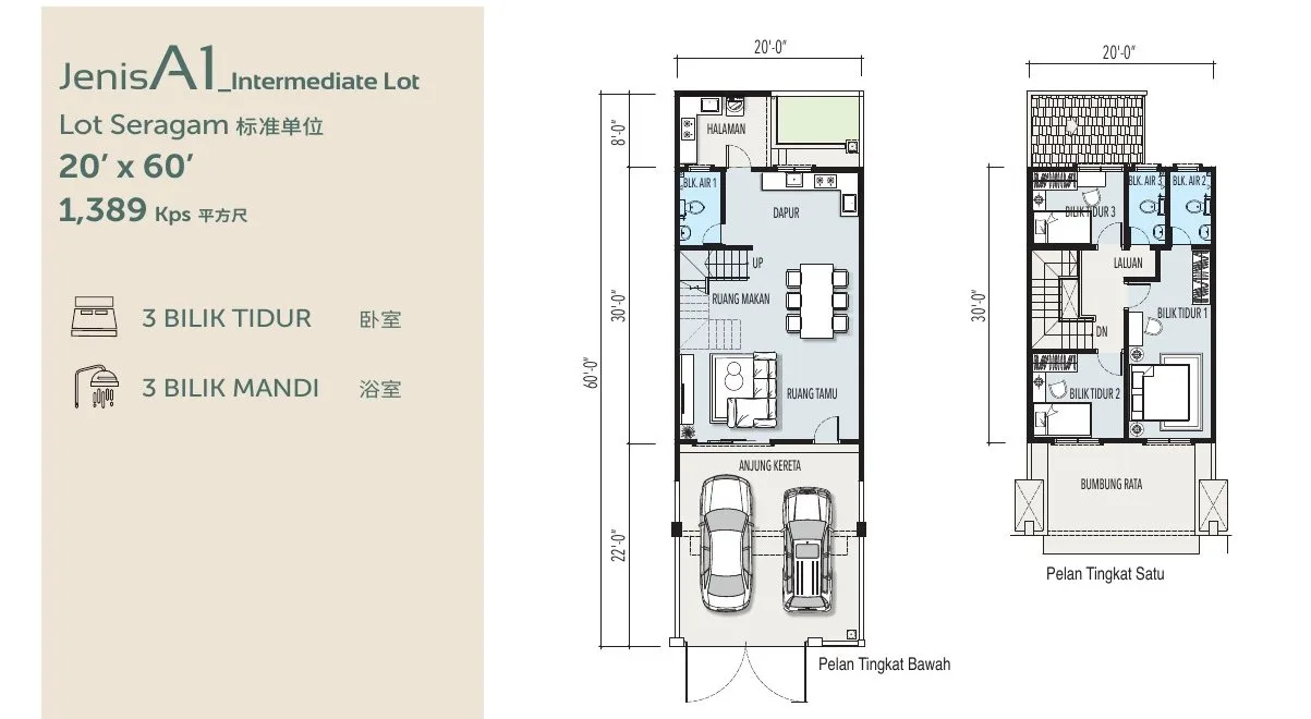 Floor plan of Type A1 20 x 60 ft intermediate cluster terrace, 1,389 sq ft, at Desa Park Chemor, Ipoh