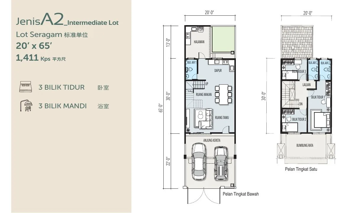 Floor plan of Type A2 20 x 65 ft intermediate cluster terrace, 1,411 sq ft, at Desa Park Chemor, Ipoh