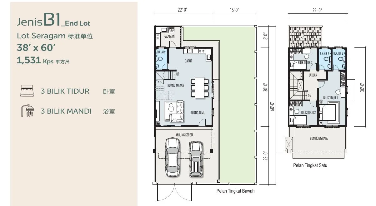 Floor plan of Type B1 38 x 60 ft end-lot cluster terrace, 1,531 sq ft, at Desa Park Chemor, Ipoh