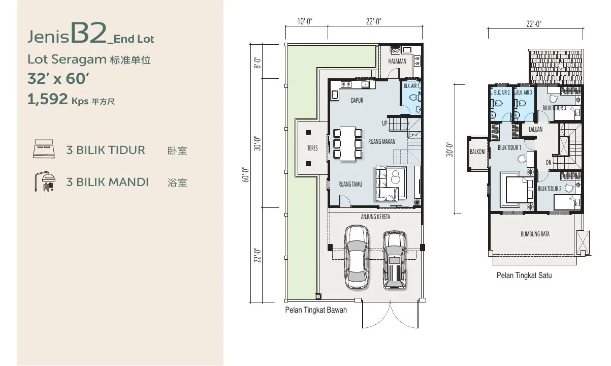 Floor plan of Type B2 32 x 60 ft end-lot cluster terrace, 1,592 sq ft, at Desa Park Chemor, Ipoh