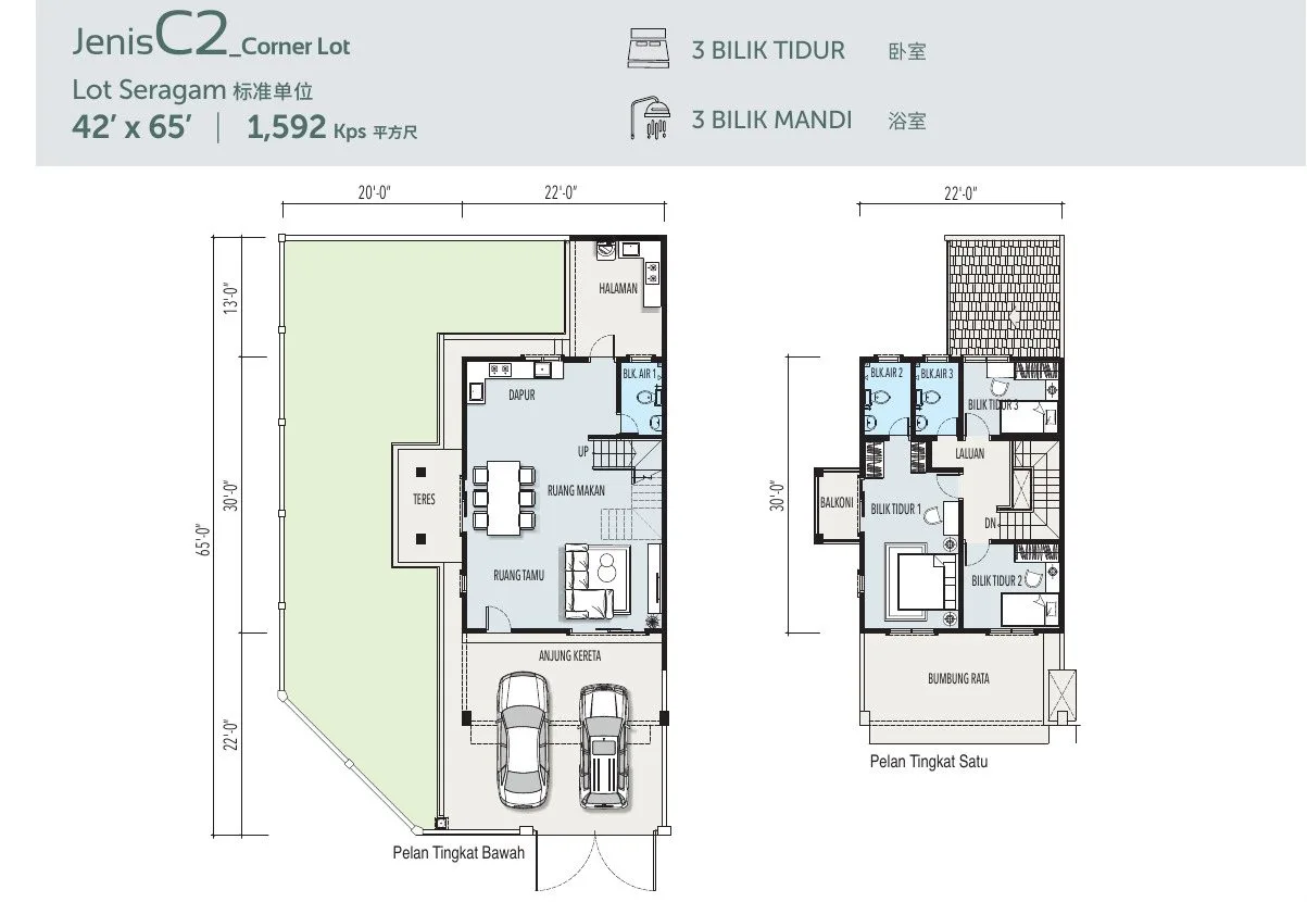 Floor plan of Type C2 42 x 65 ft corner cluster terrace, 1,592 sq ft, at Desa Park Chemor, Ipoh