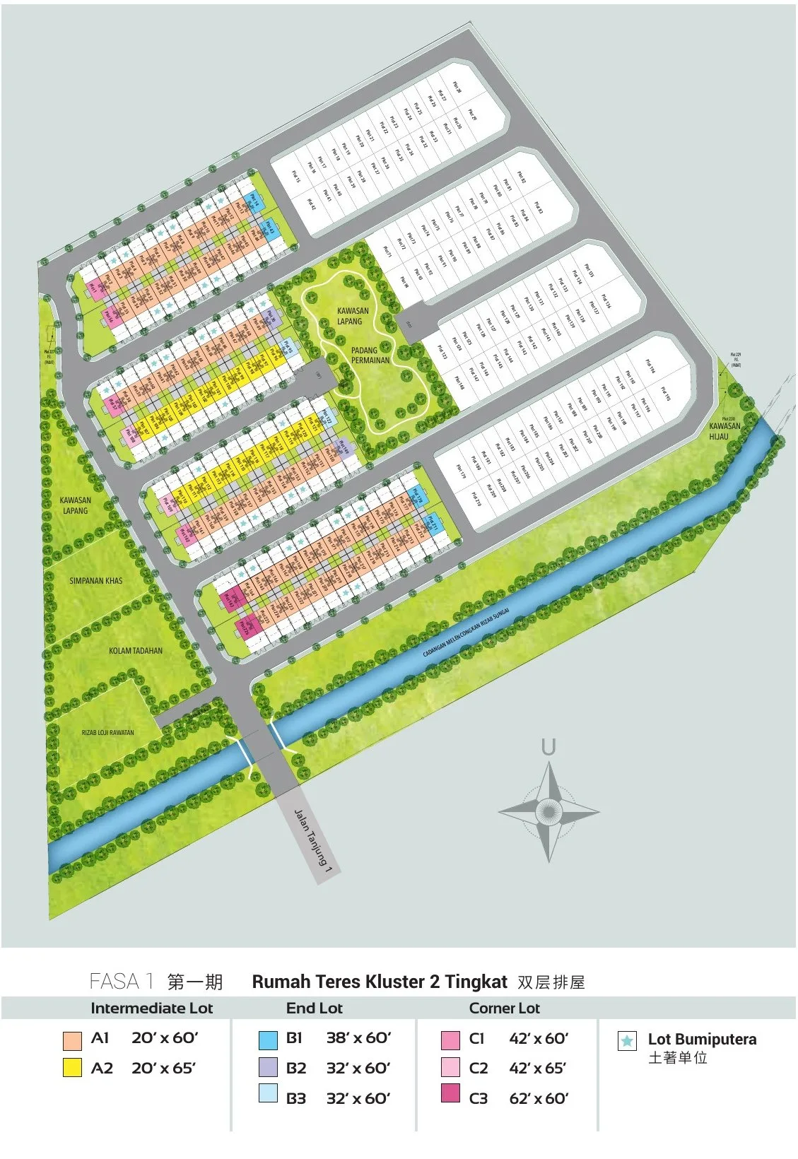 Site plan of Desa Park Chemor Phase 1 showing 8 cluster terrace lot types, a 1.47-acre park and the river reserve, Chemor, Ipoh, Perak