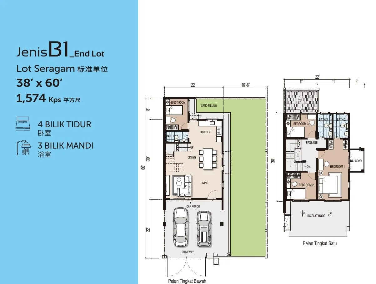 Floor plans of Type B1 end lot, 38 ft x 60 ft land, 1,574 sq ft, at Desa Park Chemor Phase 2 by Falim Development Sdn Bhd, Chemor, Ipoh, Perak