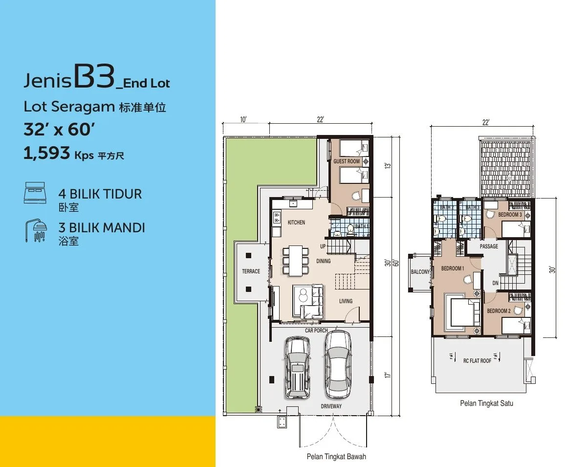 Floor plans of Type B3 end lot, 32 ft x 60 ft land, 1,593 sq ft, at Desa Park Chemor Phase 2 by Falim Development Sdn Bhd, Chemor, Ipoh, Perak