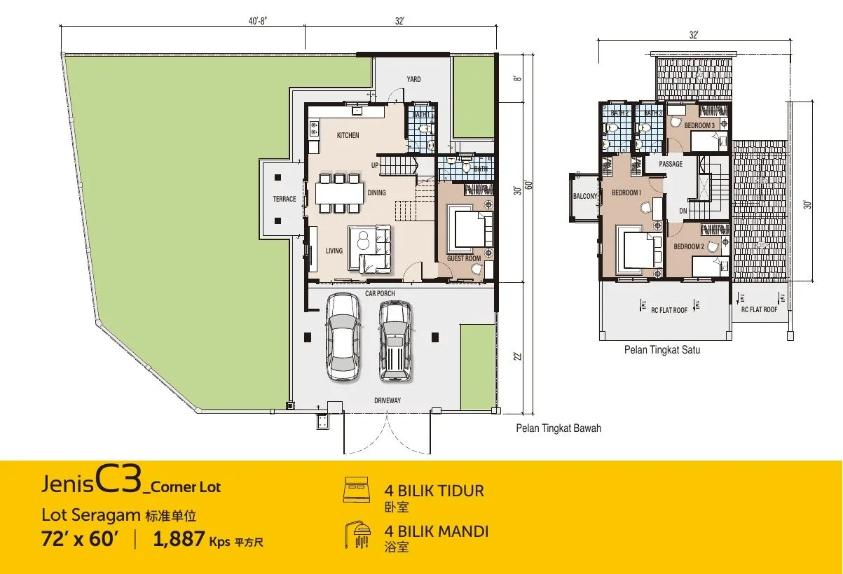 Floor plans of Type C3 corner lot, 72 ft x 60 ft land, 1,887 sq ft, at Desa Park Chemor Phase 2 by Falim Development Sdn Bhd, Chemor, Ipoh, Perak