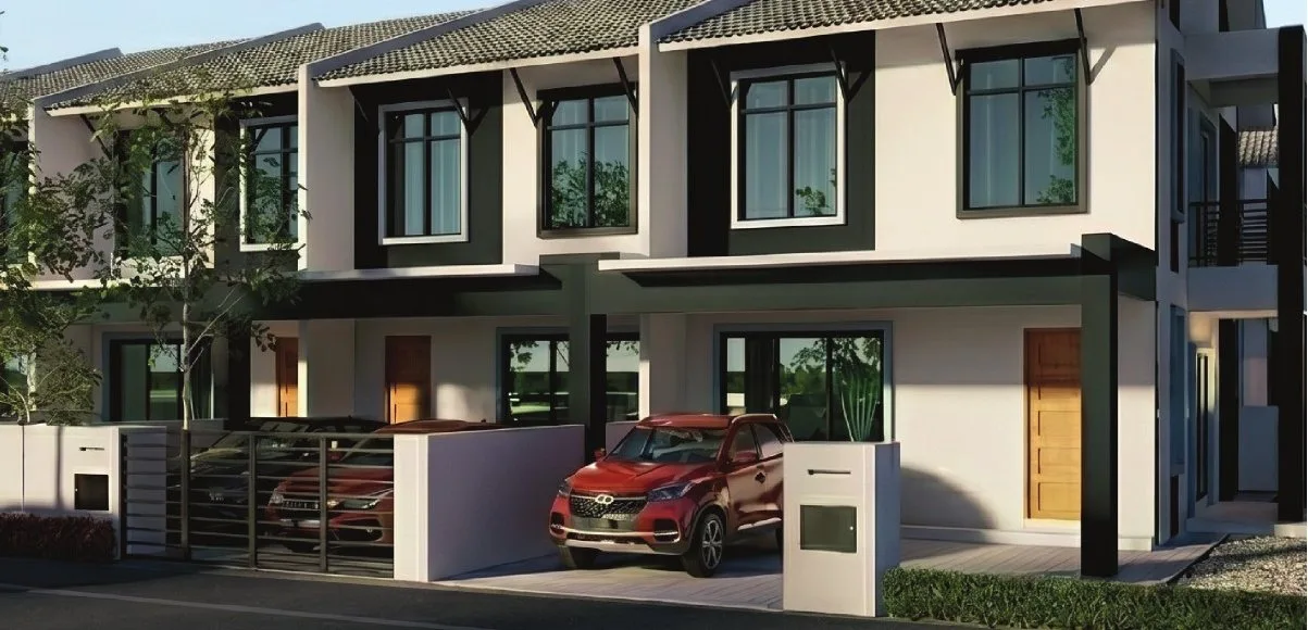 Artist's impression of the double-storey cluster terrace facade with two-car porch at Desa Park Chemor Phase 2 by Falim Development Sdn Bhd, Chemor, Ipoh, Perak