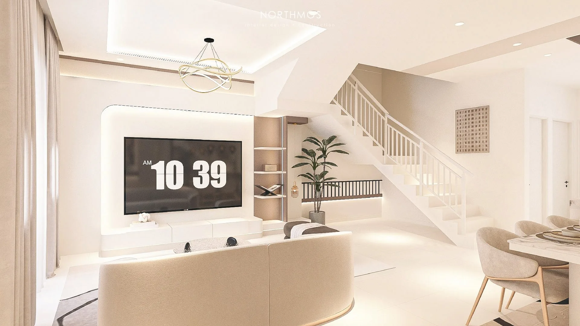Show house interior design render of the living room and staircase at Desa Park Chemor Phase 2 by Falim Development Sdn Bhd, Chemor, Ipoh, Perak