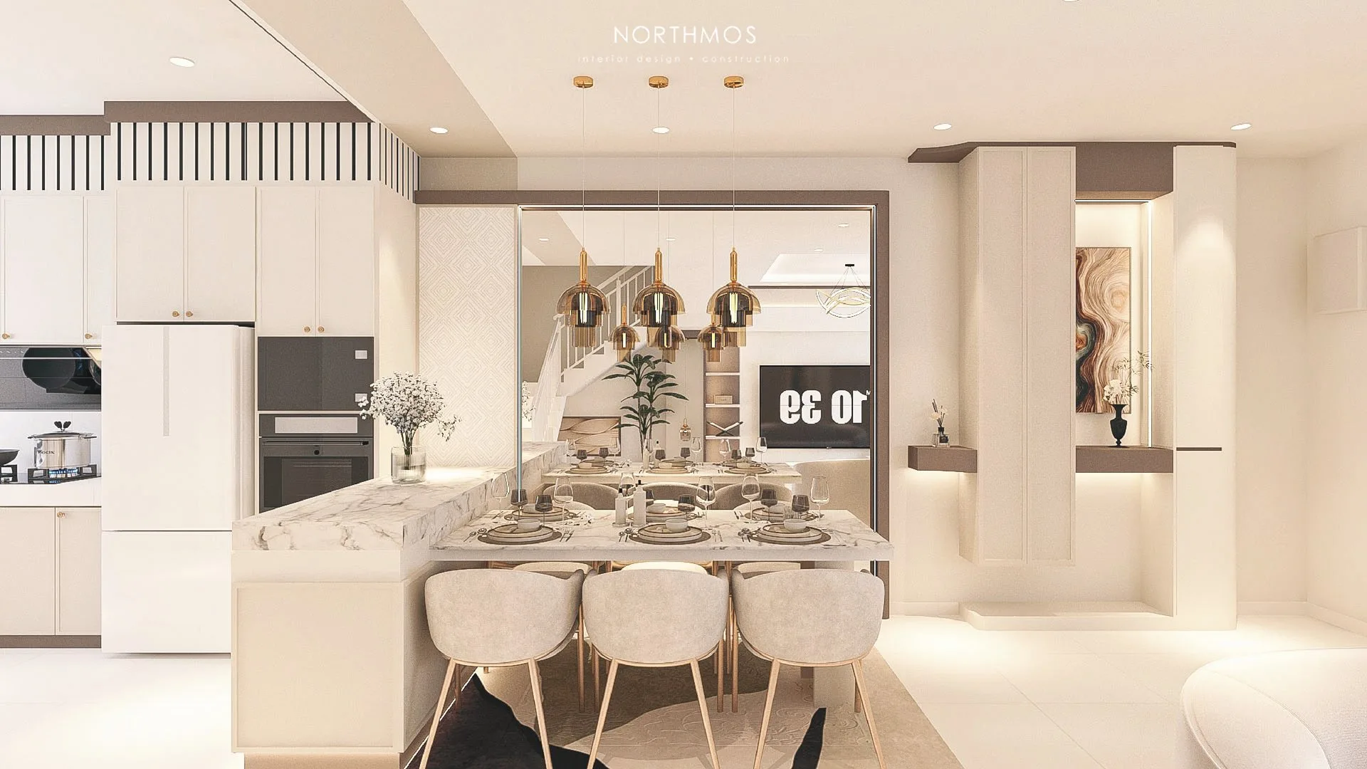 Show house interior design render of the dining area and kitchen at Desa Park Chemor Phase 2 by Falim Development Sdn Bhd, Chemor, Ipoh, Perak