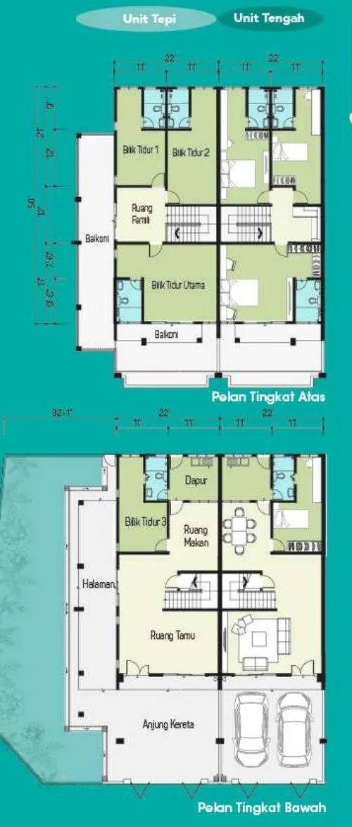 Ground and first floor plans of corner and intermediate double-storey terrace houses, 22 x 70 ft, Desa Rishah Indah, Desa Rishah, Ipoh, Perak