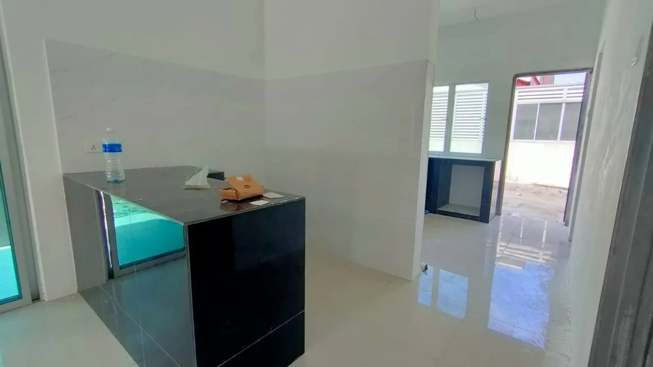 Dry kitchen island in a completed terrace house at Desa Tekkah Sentosa, Taiping, Perak