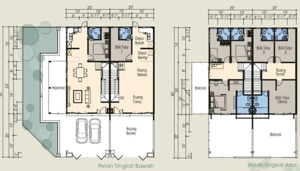 Ground and first floor plans of the 20 x 60 ft double-storey terrace house at Desa Tekkah Sentosa, Taiping, Perak