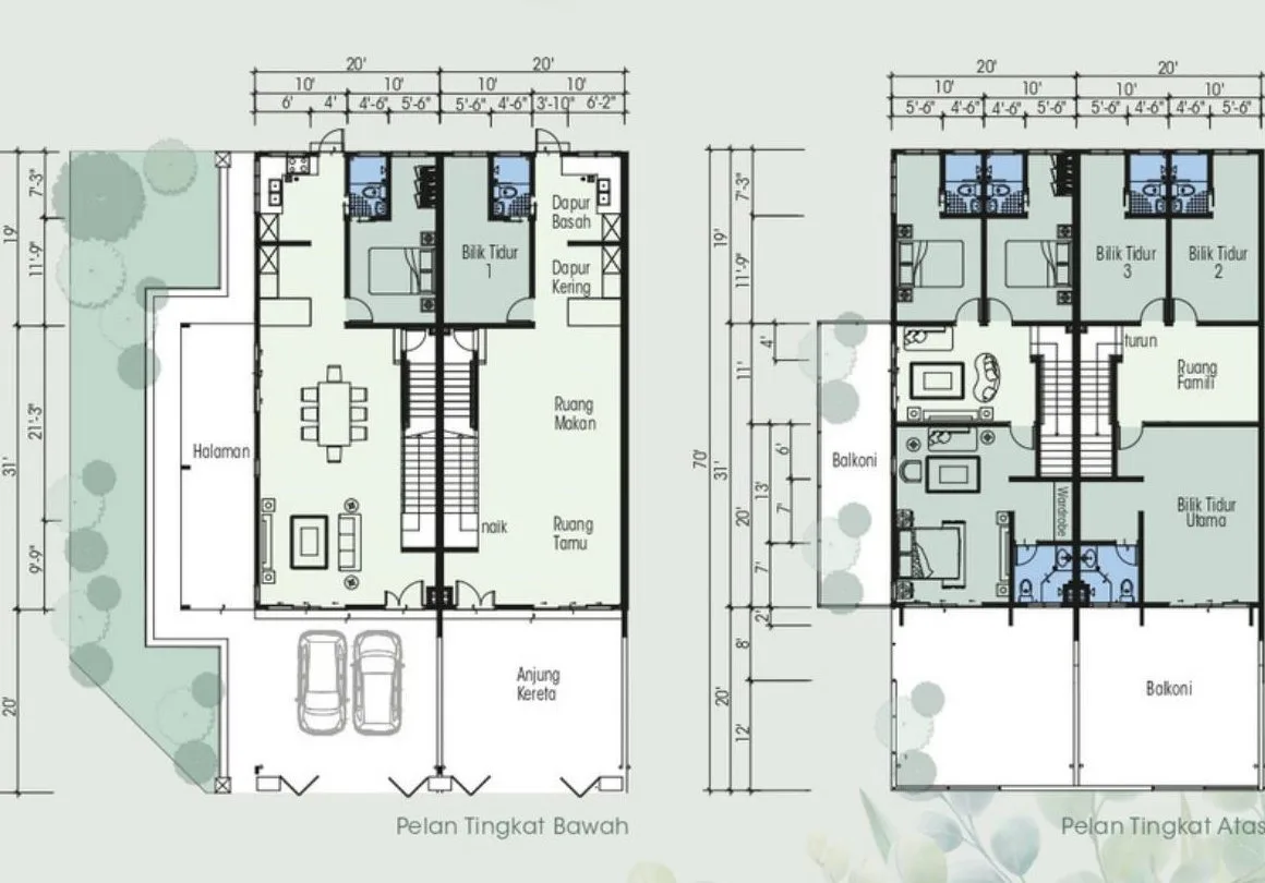 Ground and first floor plans of the 20 x 70 ft double-storey terrace house at Desa Tekkah Sentosa, Taiping, Perak
