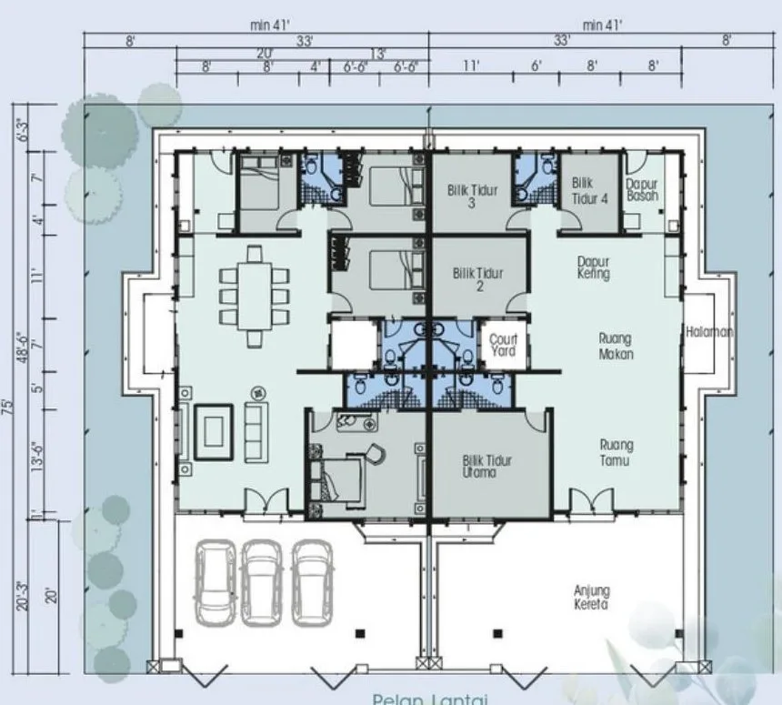 Floor plan of the single-storey semi-detached house pair at Desa Tekkah Sentosa, Taiping, Perak