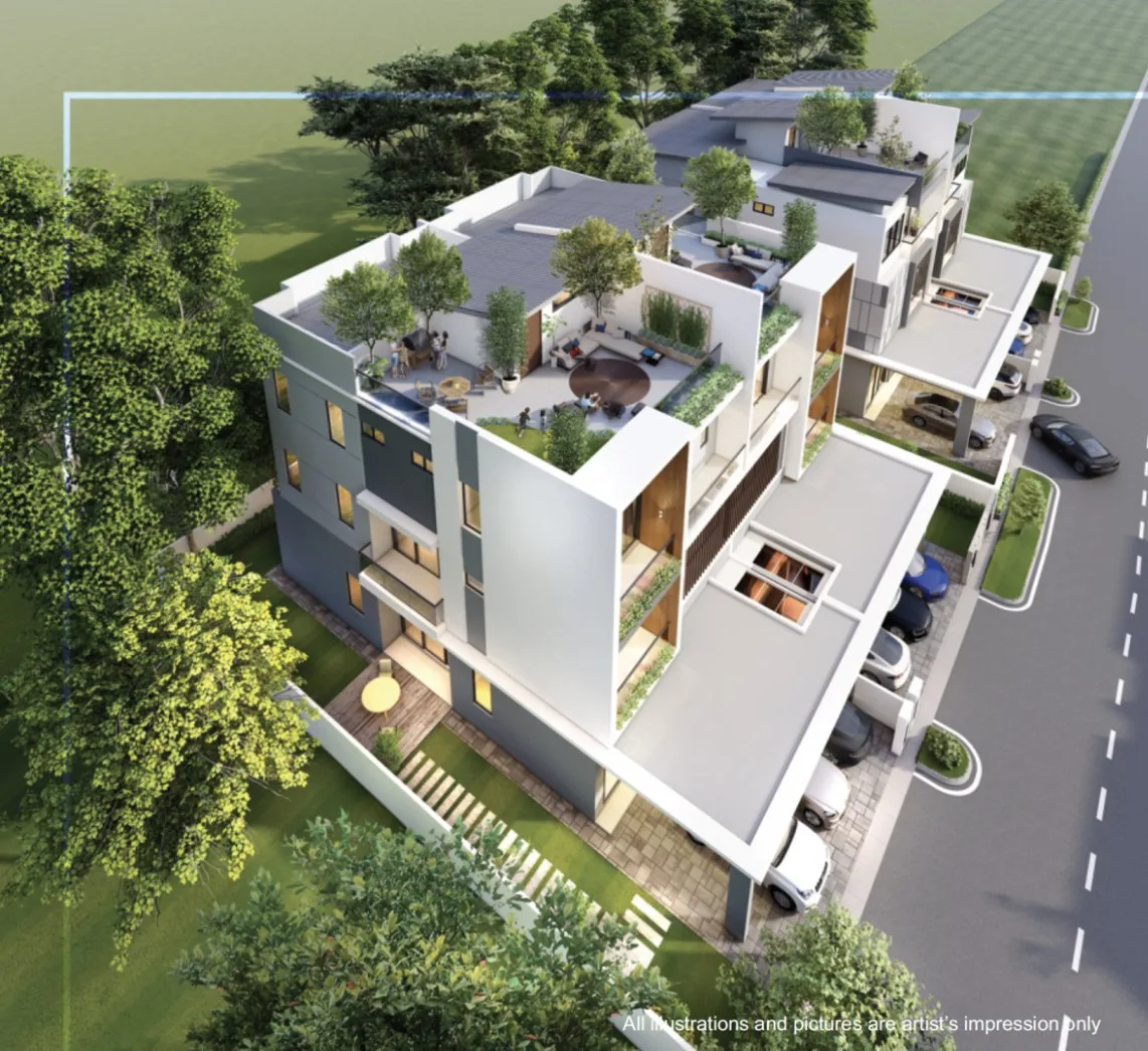 Double Tree Residence aerial view of two semi-detached pairs with rooftop gardens, artist's impression, Tanjung Bungah, Penang