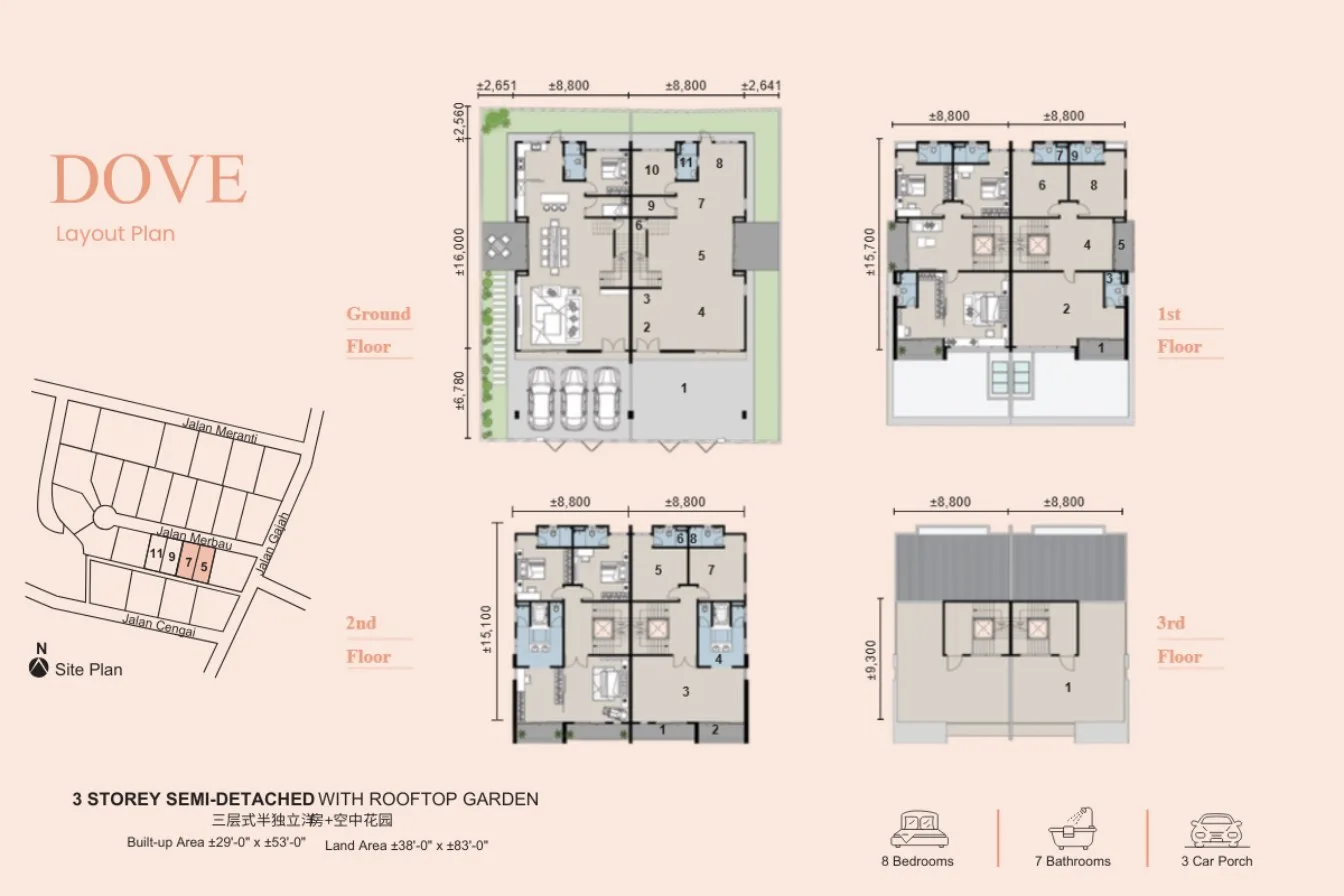Double Tree Residence Dove layout plan, ground to third floor, with site plan, Tanjung Bungah, Penang
