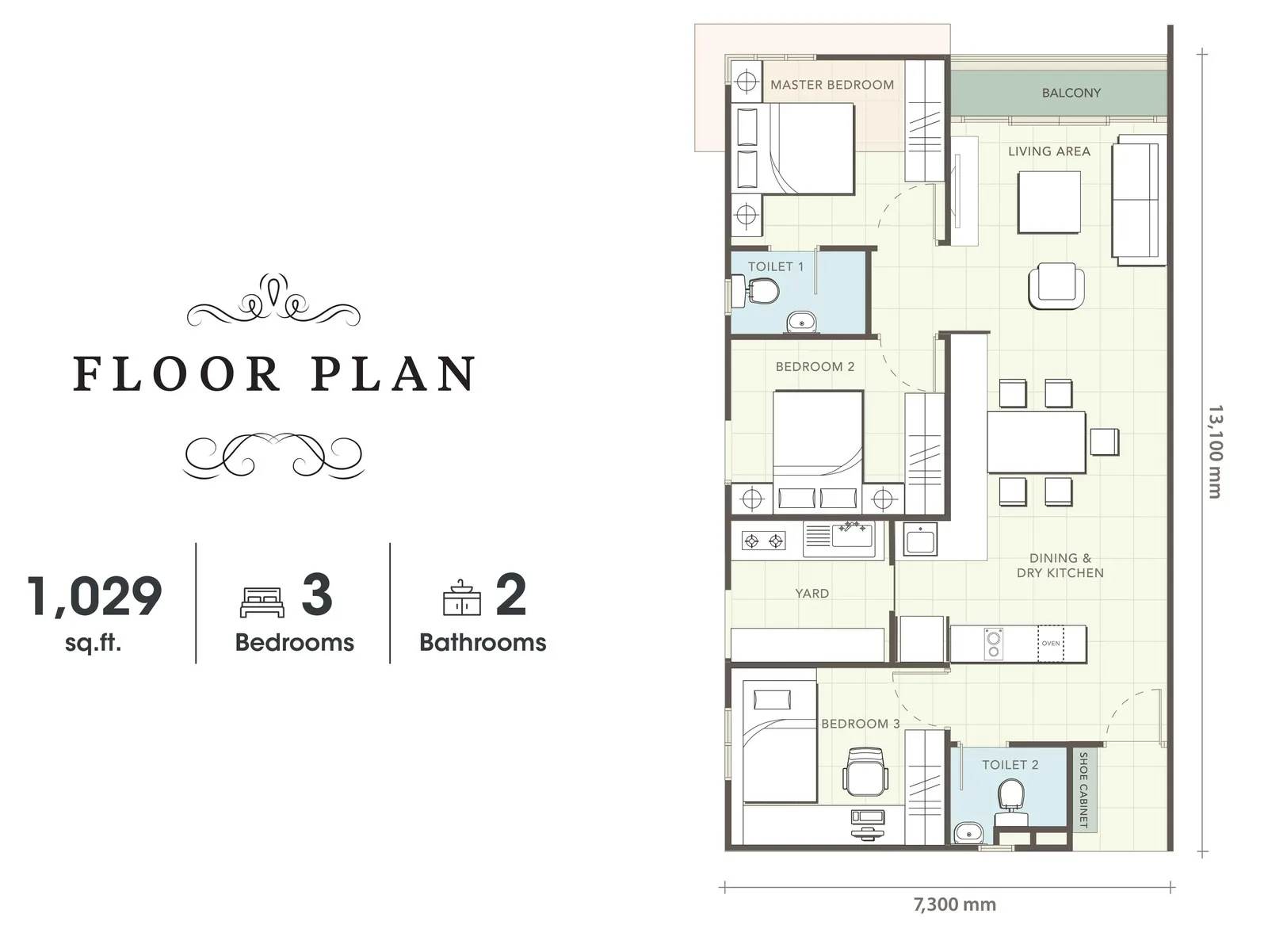 沙巴斗亚兰 Telipok E Residence B 型户型图 1,029 平方尺
