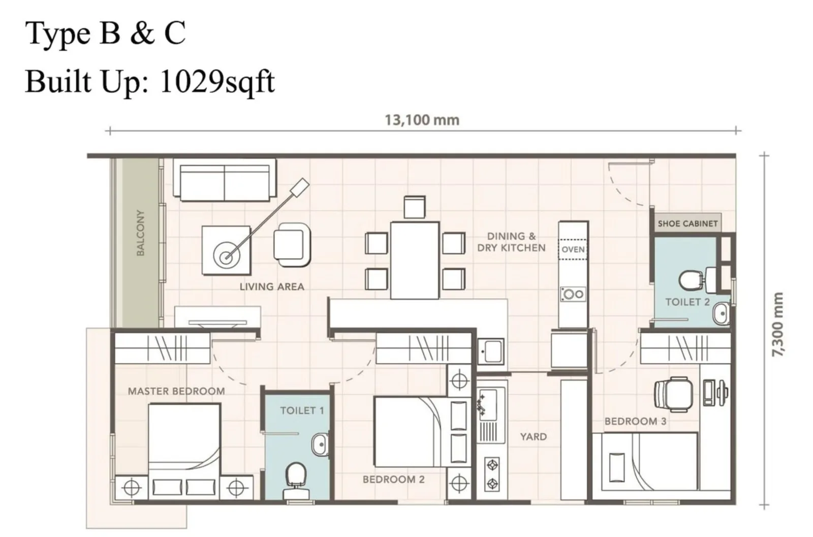 沙巴斗亚兰 Telipok E Residence C 型户型图 1,029 平方尺