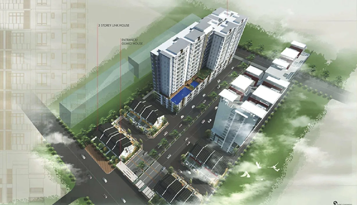 Elements Garden aerial artist's impression with the condominium block, pool deck, link houses and entrance guard house, Raja Uda, Butterworth, Penang