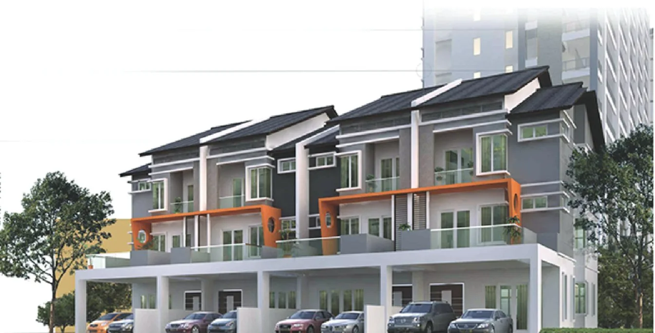 Elements Garden three-storey link houses with the condominium block behind, artist's impression, Raja Uda, Butterworth, Penang