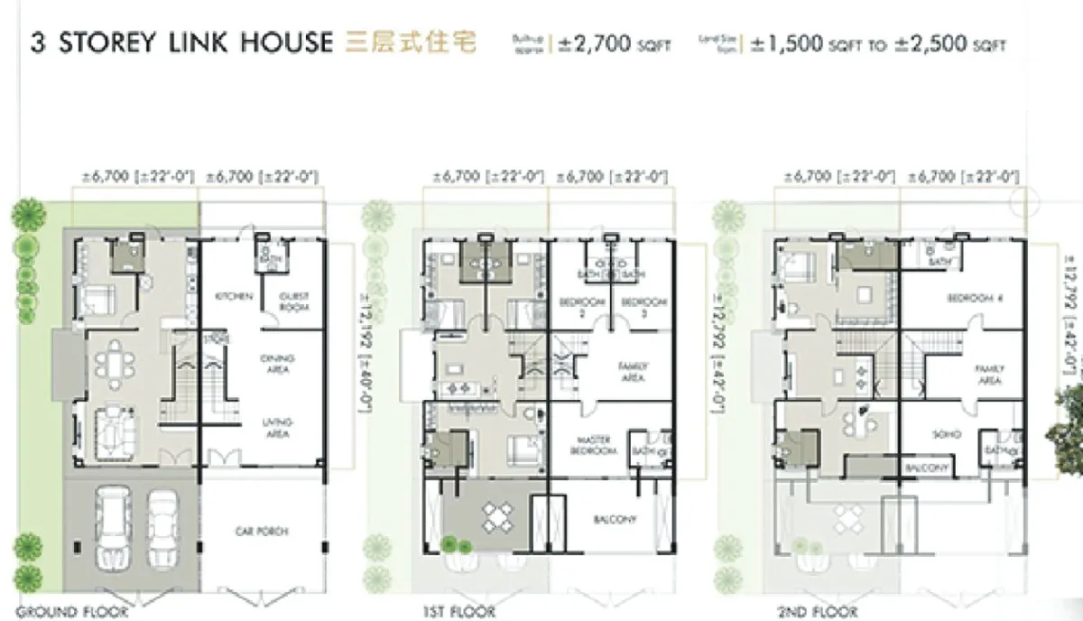 Elements Garden three-storey link house floor plans for the ground, first and second floors — about 2,700 sq ft built-up, Raja Uda, Butterworth, Penang