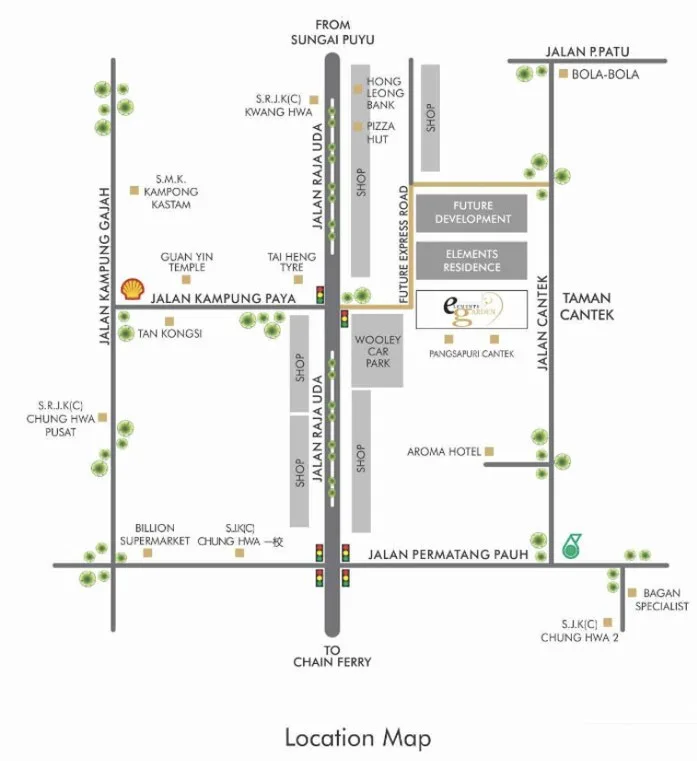 Elements Garden location map showing the site between Jalan Raja Uda and Jalan Cantek, north of Jalan Permatang Pauh, Butterworth, Penang