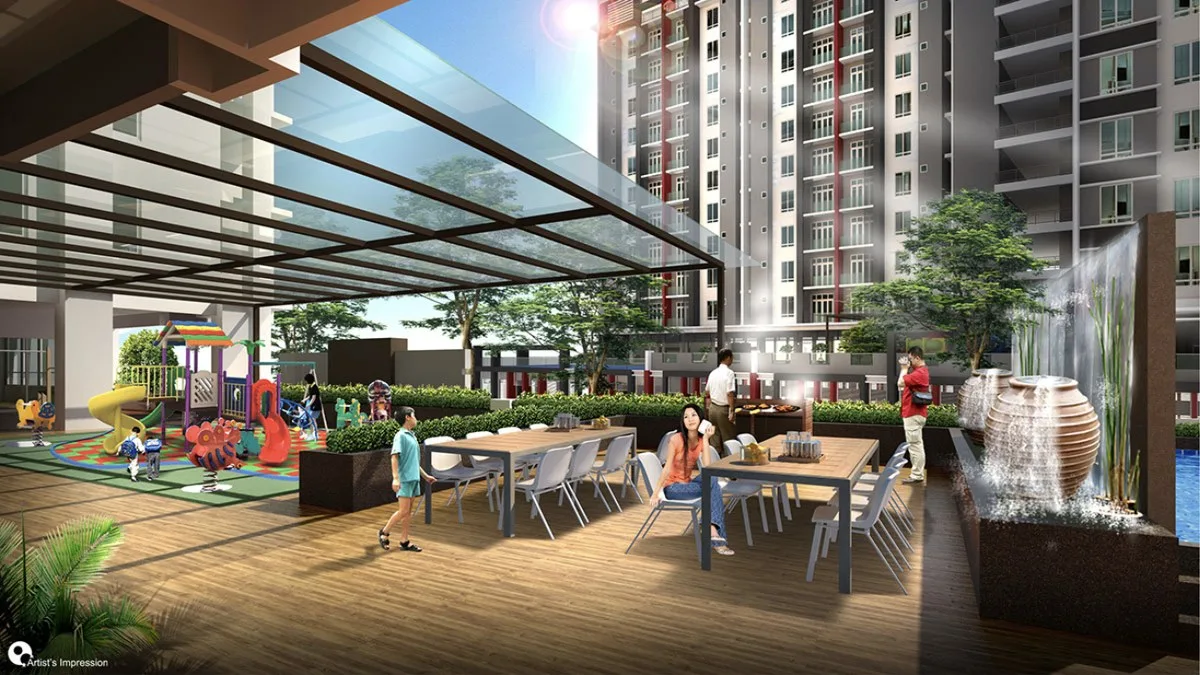 Elements Garden podium garden with a children's playground, dining tables, a barbecue corner and a water feature, artist's impression, Raja Uda, Butterworth, Penang