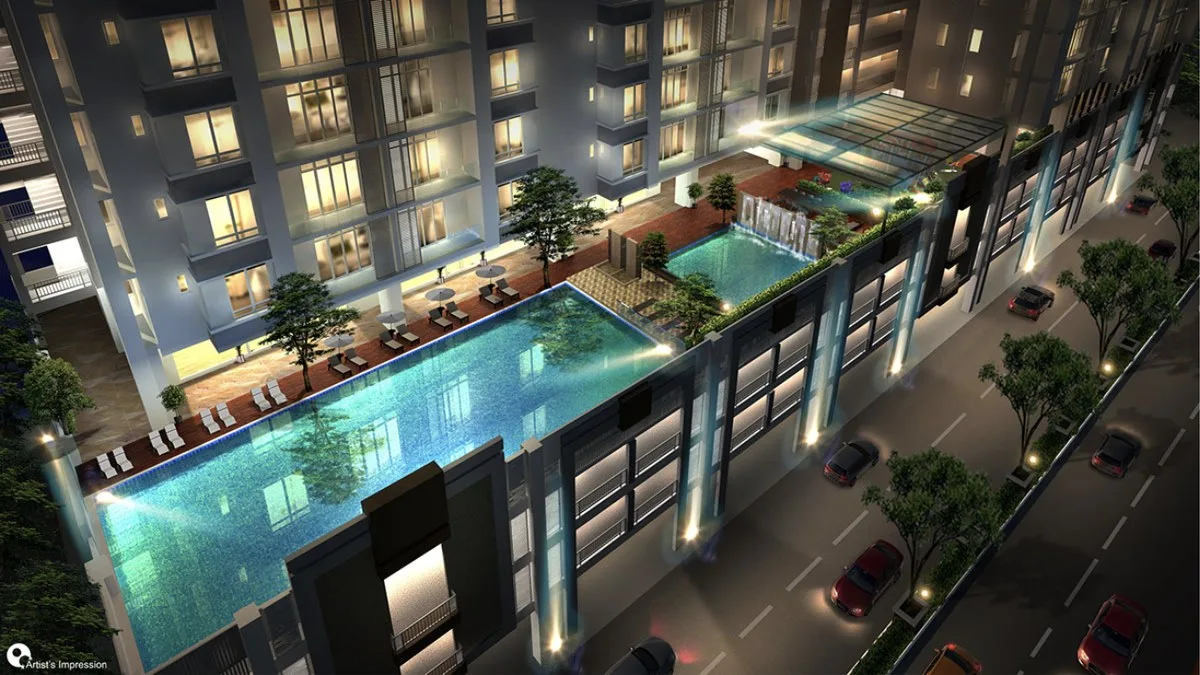 Elements Garden pool deck at night seen from above, artist's impression, Raja Uda, Butterworth, Penang
