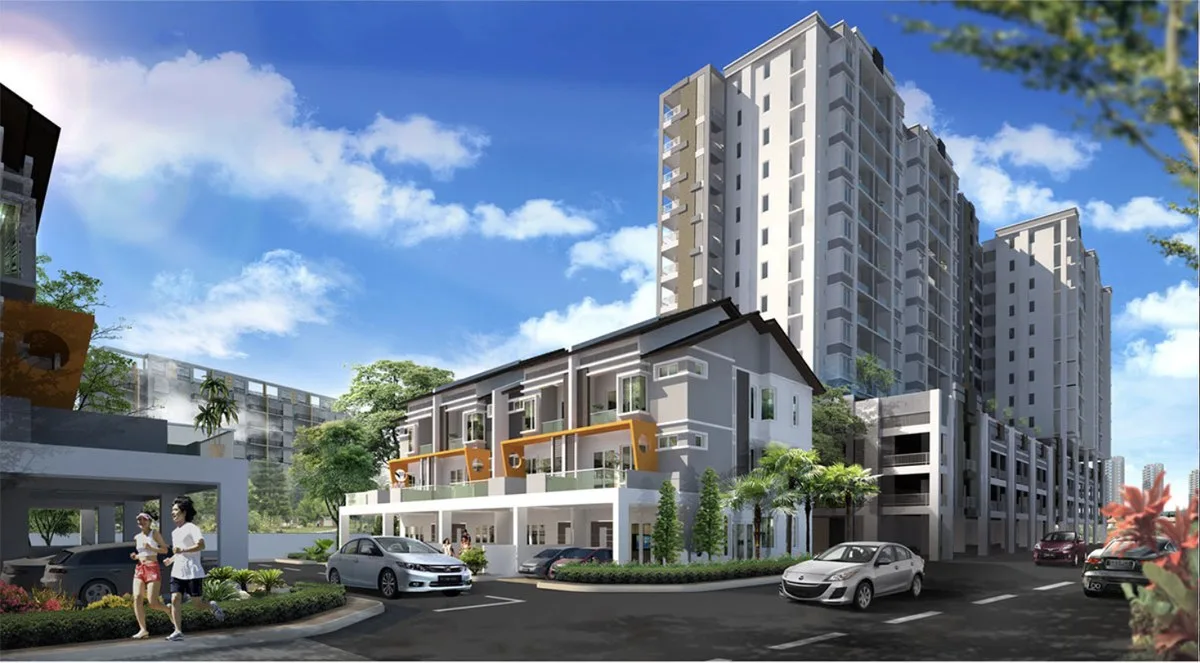 Elements Garden artist's impression showing the 14-storey condominium block behind the three-storey link houses, Raja Uda, Butterworth, Penang